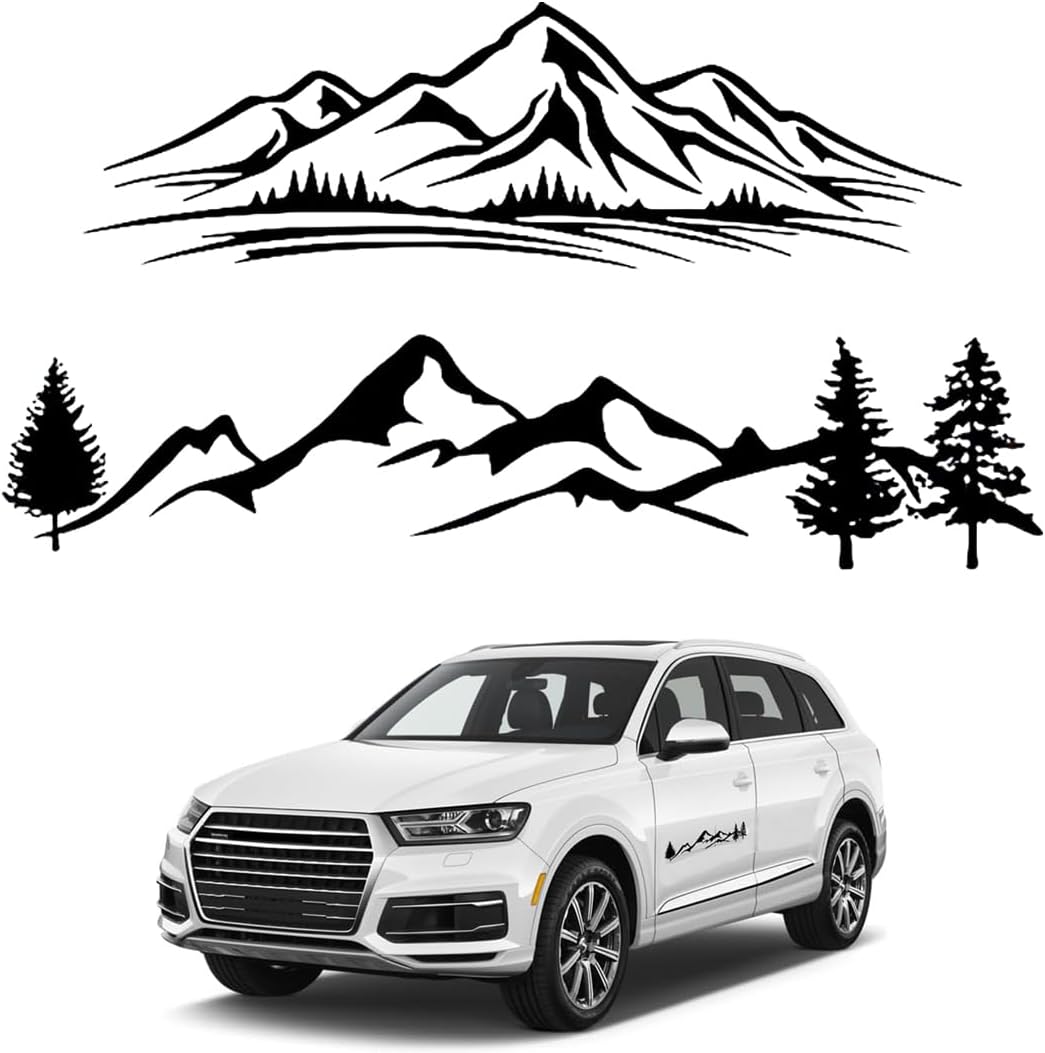 2 Car Stickers, Mountains Camping Van Caravan Car Sticker, Car Sticker, Tuning Multifunctional, for Motorcycle, PC, Laptop Accessories, for All Smooth Surfaces, Black