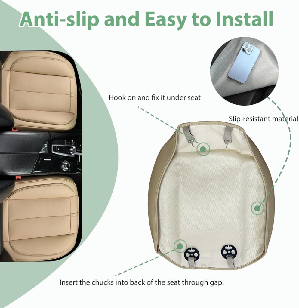 2 Pack Front Car Seat Cover Bottom Only Faux Leather, Anti-Slip Padded Seat Cushion, Full Wrap Seat Protector with Storage Function Fit 95% Cars, SUV, Pick-up Trucks (Beige)