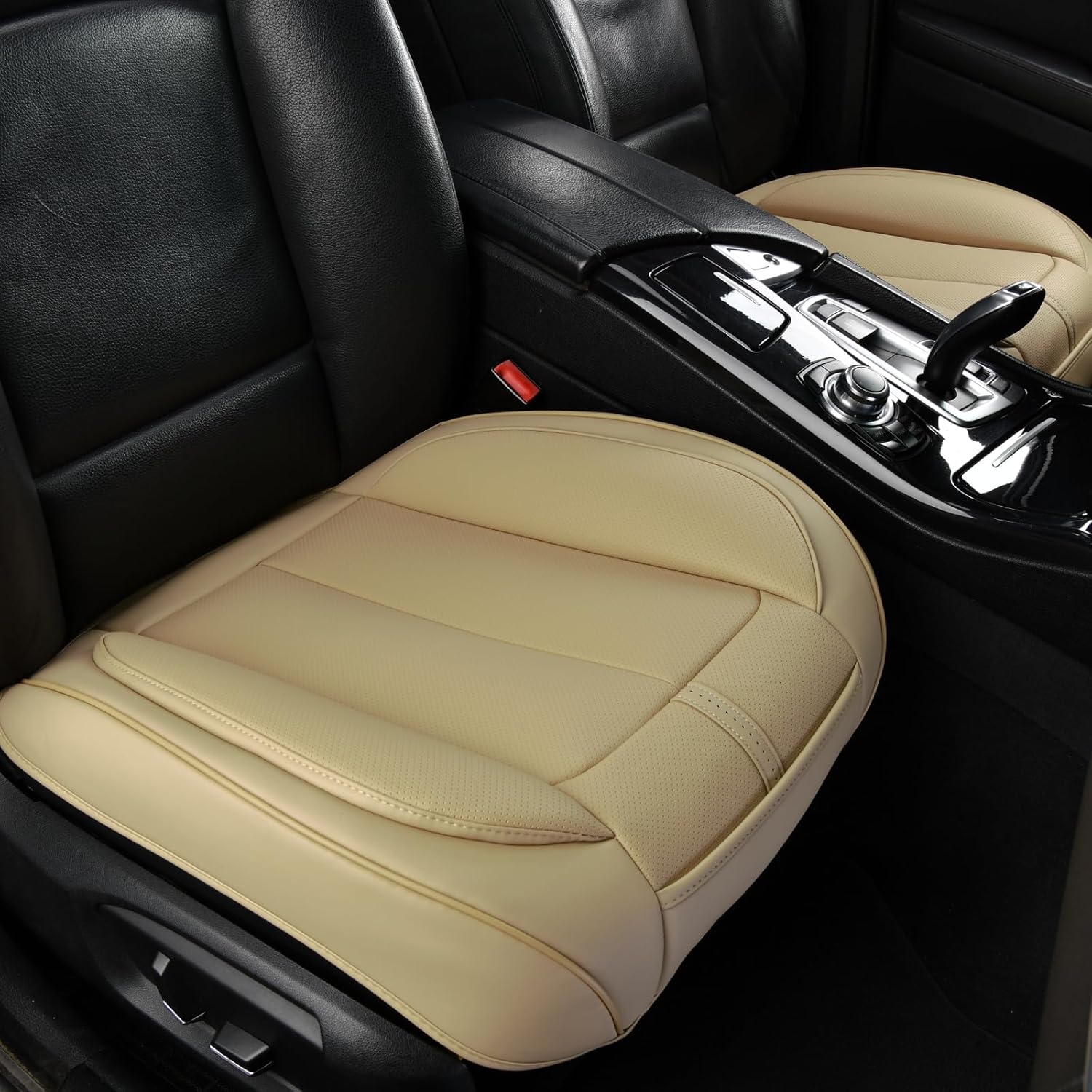 2 Pack Front Car Seat Cover Bottom Only Faux Leather, Anti-Slip Padded Seat Cushion, Full Wrap Seat Protector with Storage Function Fit 95% Cars, SUV, Pick-up Trucks (Beige)
