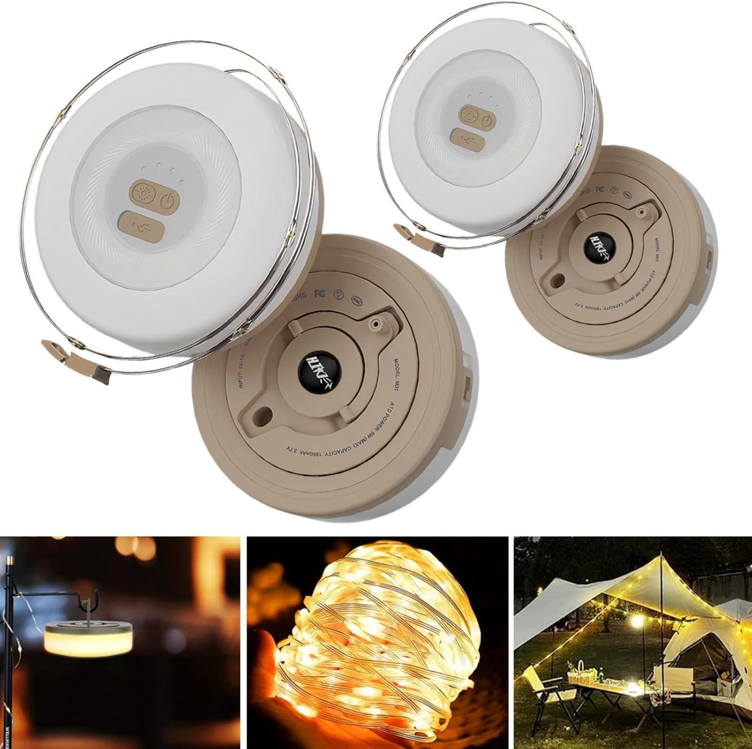 2 Packs Camping String Lights,2-in-1 Roll Up Portable String Lights,33FT/10M,Warm Light,Rechargeable Waterproof Camping Lights for Camping,Indoors and Outdoors Deco,Party Festival (Yellow)