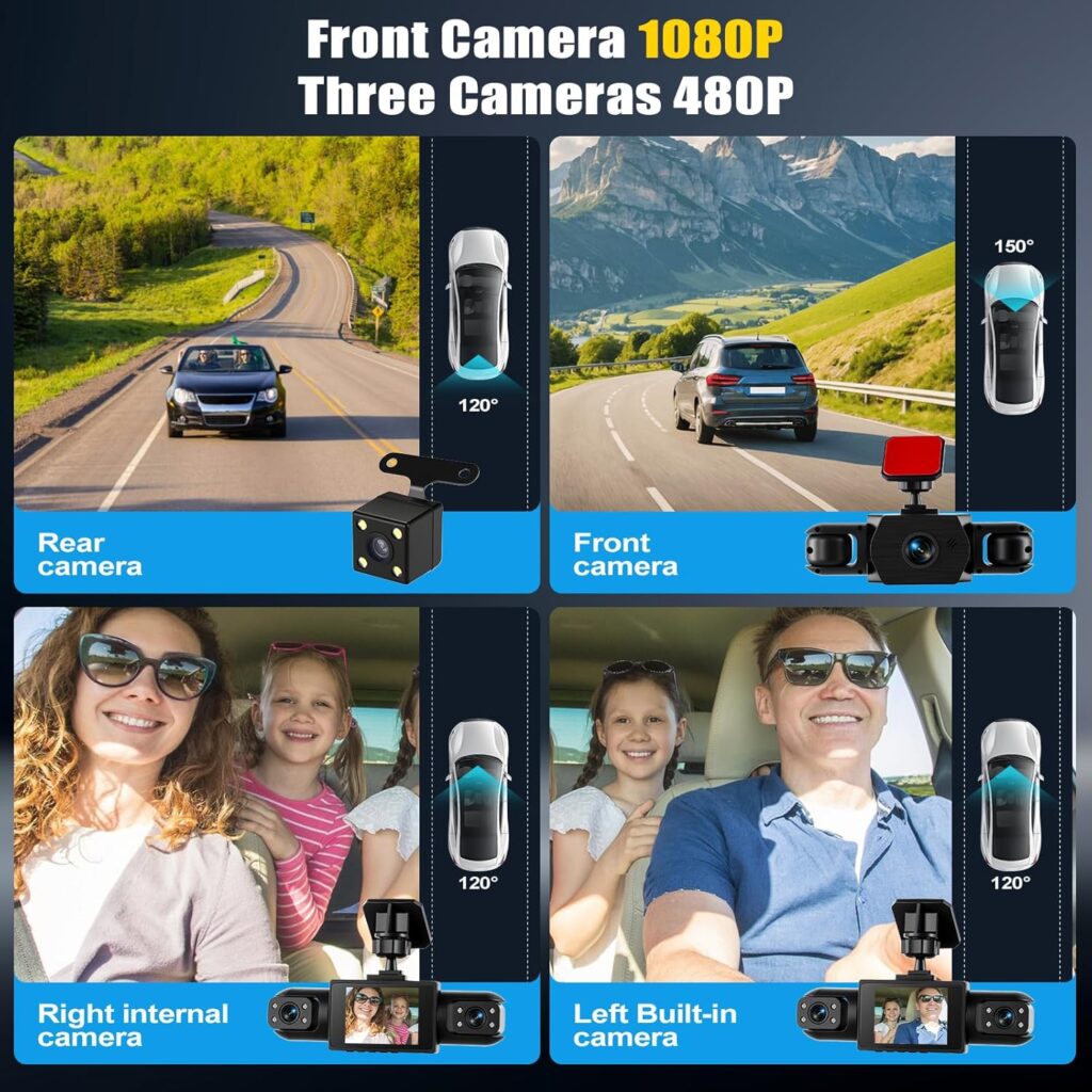 4 Channel Dash Cam Car 360°, Camera 1080P Front and Rear Left Right, Inch 1080P Dash Camera for Cars with IR Night Vision, Loop Video, Parking Monitoring, Parking Aid, Exposure Compensation