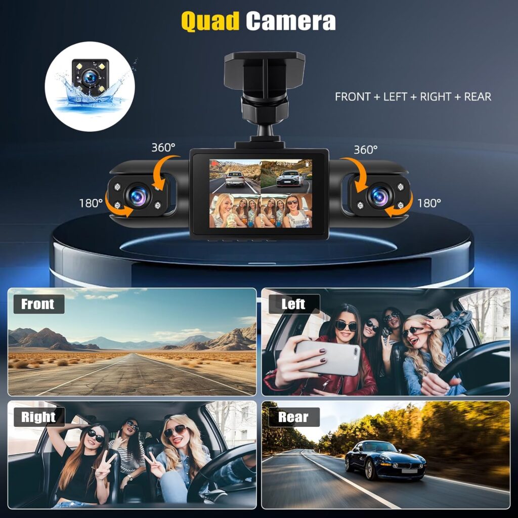 4 Channel Dash Cam Car 360°, Camera 1080P Front and Rear Left Right, Inch 1080P Dash Camera for Cars with IR Night Vision, Loop Video, Parking Monitoring, Parking Aid, Exposure Compensation