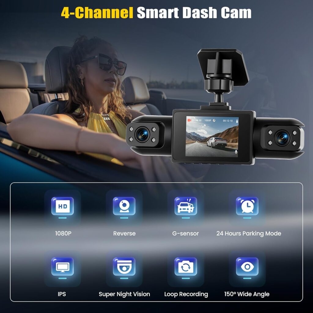 4 Channel Dash Cam Car 360°, Camera 1080P Front and Rear Left Right, Inch 1080P Dash Camera for Cars with IR Night Vision, Loop Video, Parking Monitoring, Parking Aid, Exposure Compensation