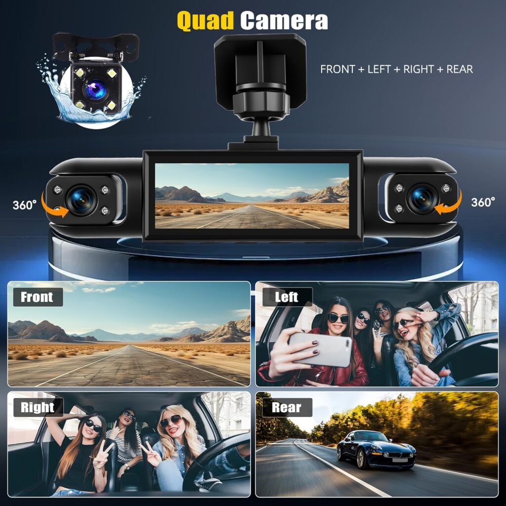 4 Channel Dash Cam Front and Rear Degree Inch Dash Cam Car Camera with IR Night Vision Loop Recording Parking Aid