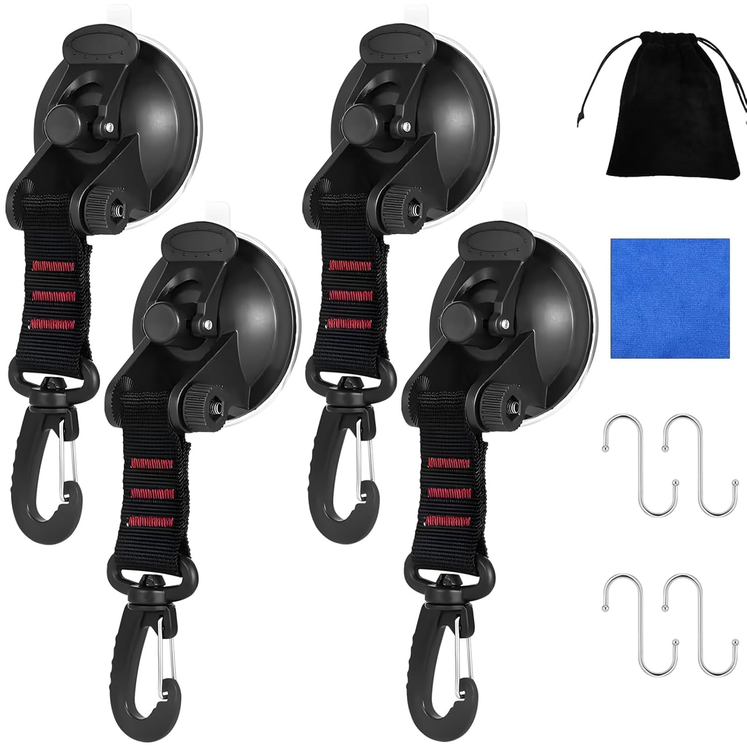 4 Piece Suction Cup Camping Set with 360° Rotating Ring & 4S Hooks, Strong Suction Cups for Car Side Awnings, Tents, Tarpaulins, Accessories, Vacuum Suction Hooks for Motorhome, Rear Tent