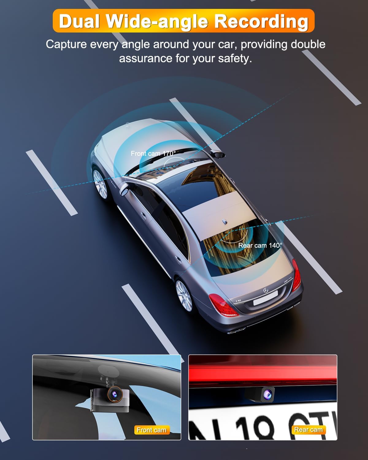 4K + 1080P Dash Cam Car Front Rear WiFi Dash Cam with 64GB SD Card, 3 Inch IPS, Night Vision, G-Sensor, Loop Recording, 170° + 140° Wide Angle, Dash Cam Car Support 24/7 Parking Monitoring, App