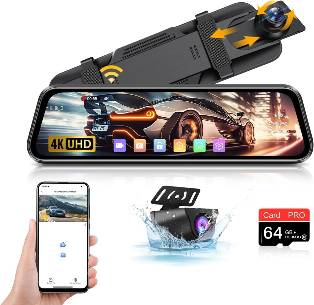 4K Mirror Dash Cam with Rear View Camera Inch IPS Full Touch Screen Dash Cam Mirror with 64G SD Card Adjustable Reversing Line IP69 Waterproof Reversing Camera with WDR Type C G-Sensor m Cable