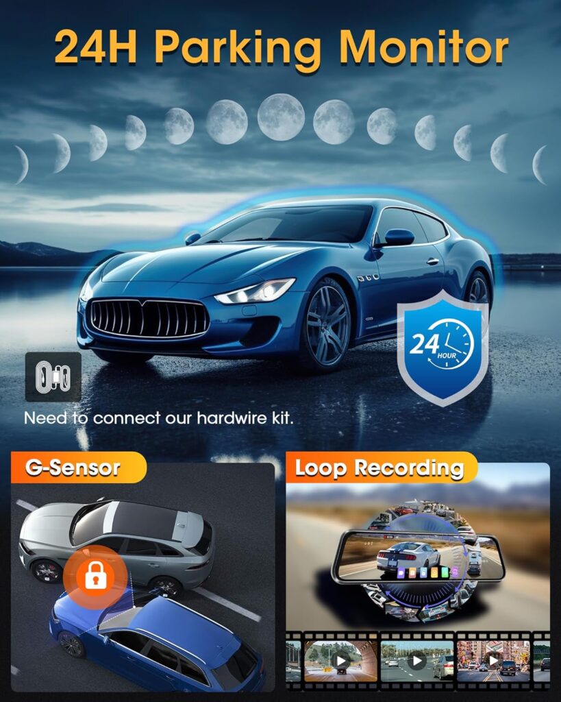 4K Mirror Dash Cam with Rear View Camera Inch IPS Full Touch Screen Dash Cam Mirror with 64G SD Card Adjustable Reversing Line IP69 Waterproof Reversing Camera with WDR Type C G-Sensor m Cable