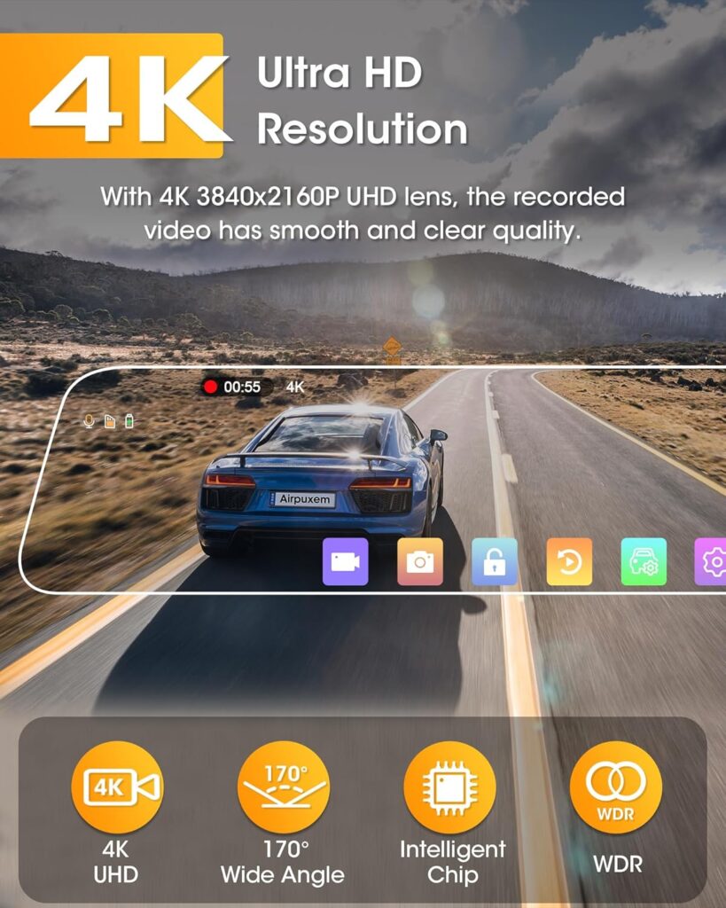 4K Mirror Dash Cam with Rear View Camera Inch IPS Full Touch Screen Dash Cam Mirror with 64G SD Card Adjustable Reversing Line IP69 Waterproof Reversing Camera with WDR Type C G-Sensor m Cable