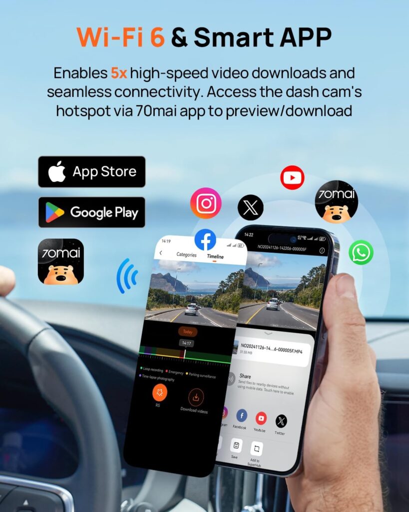 70mai A800SE Dash Cam Car Front Rear 4K UHD  Adjustable Hardwire Kit UP06