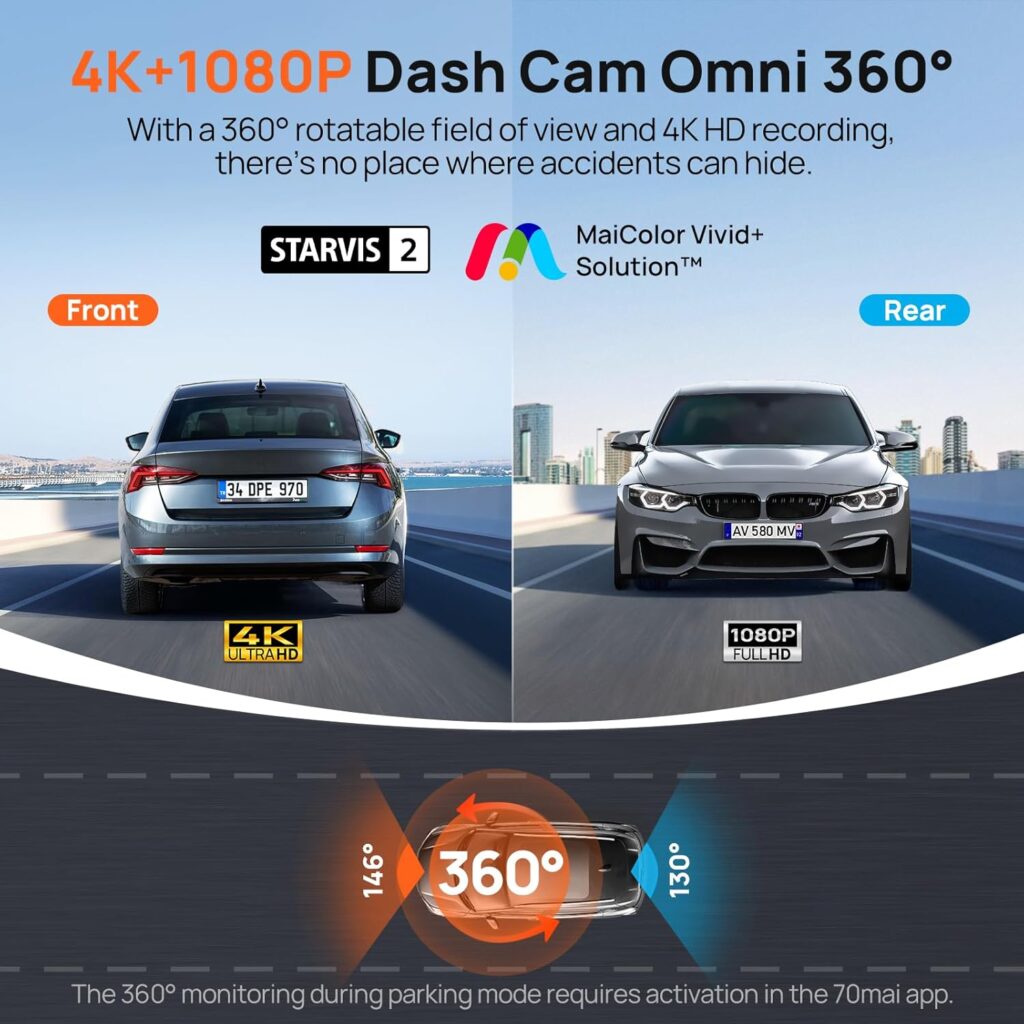 70mai Dash Cam 4K Omni, Front and Rear Dash Cam 4K+1080P Dual-Channel 360° Rotating Dashcam  ACC-CPL-X800