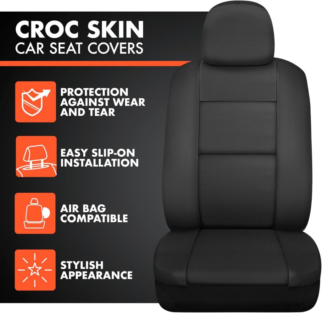 BDK Croc Skin Faux Leather Full Set Black – Front and Back Split Bench Seat Covers, Airbag Compatible, Interior Covers for Cars Trucks Vans and SUVs