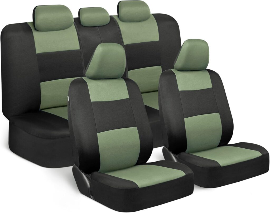 BDK PolyPro Car Seat Covers Full Set in Green on Black, Front and Rear Split Bench Seat Covers for Cars, Easy to Install Car Seats Cover Set and Accessories for Auto Trucks Van SUV - Green