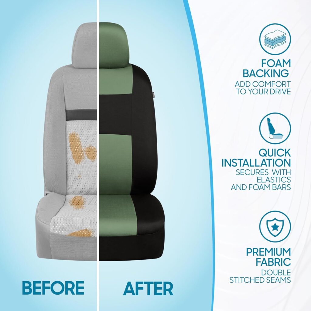 BDK PolyPro Car Seat Covers Full Set in Green on Black, Front and Rear Split Bench Seat Covers for Cars, Easy to Install Car Seats Cover Set and Accessories for Auto Trucks Van SUV - Green
