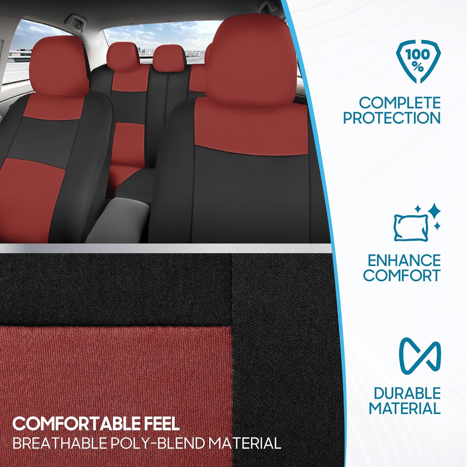 BDK PolyPro Car Seat Covers Full Set in Terracotta on Black, Front and Rear Split Bench Seat Covers for Cars, Easy to Install Car Seats Cover Set and Accessories for Auto Trucks Van SUV – Terracotta