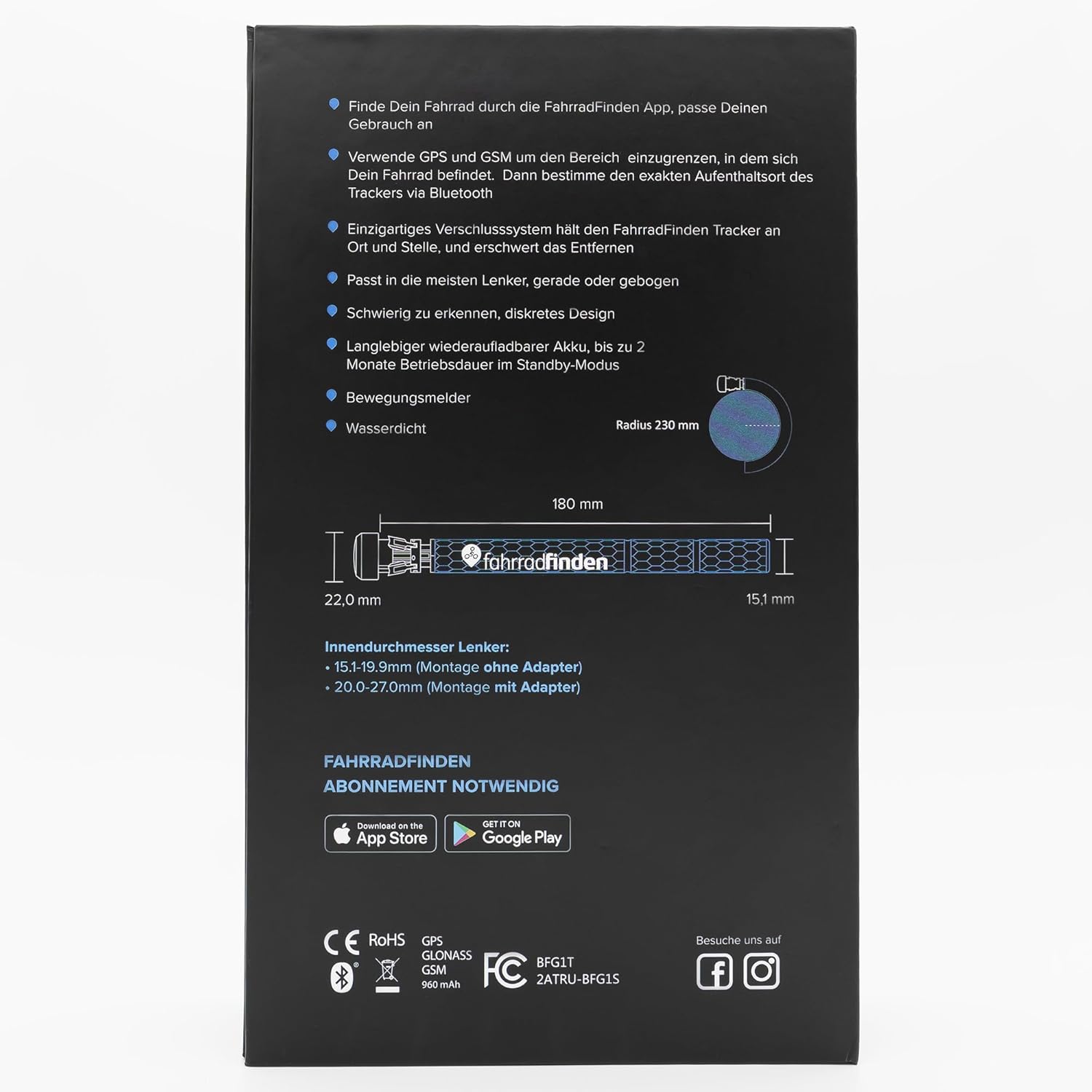 BikeFinder GPS Bicycle Tracker, Hidden in The Handlebar, Bicycle Tracker, Anti-Theft, Anti-Theft, SIM Card Including – Subscription Required