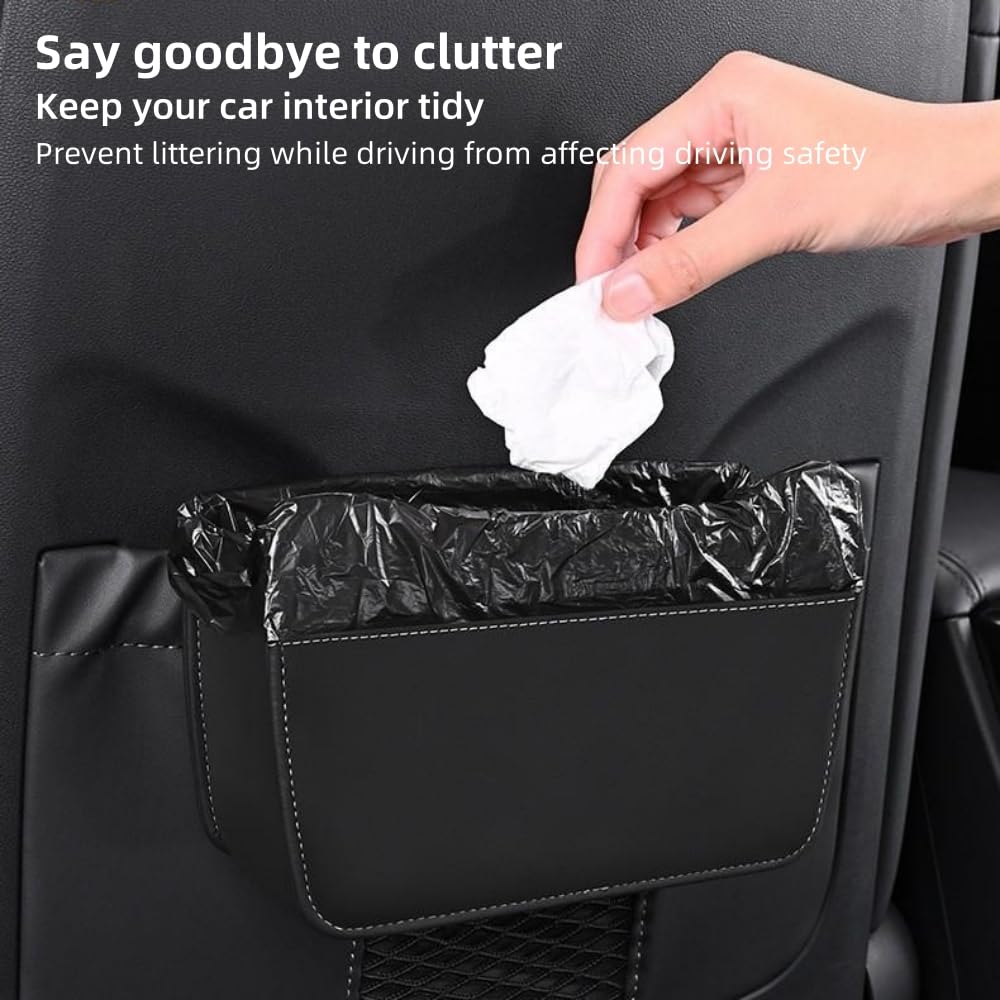 Car Leather Trash Can for Seat Back, Upgrade Hanging Garbage Bin, Waterproof Foldable Stroage Organizer for Car, Multipurpose Interior Accessories for SUV Truck RV Camping (Black-Seat Bag)