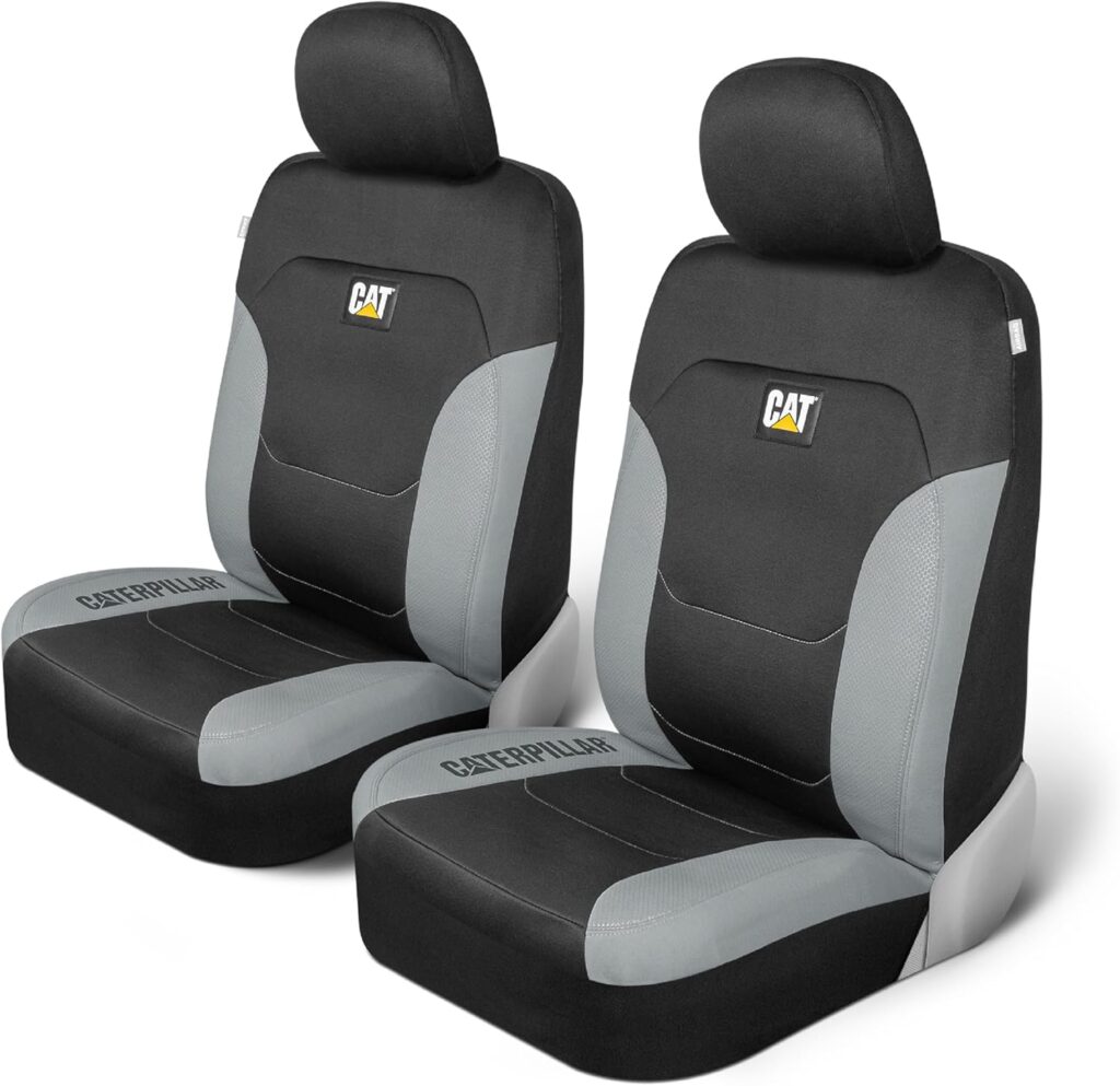 Caterpillar Flexfit Automotive Seat Covers for Cars Trucks and SUVs (Set of 2) – Black Car Seat Covers for Front Seats, Seat Protectors with Gray Honeycomb Trim, Auto Interior Covers