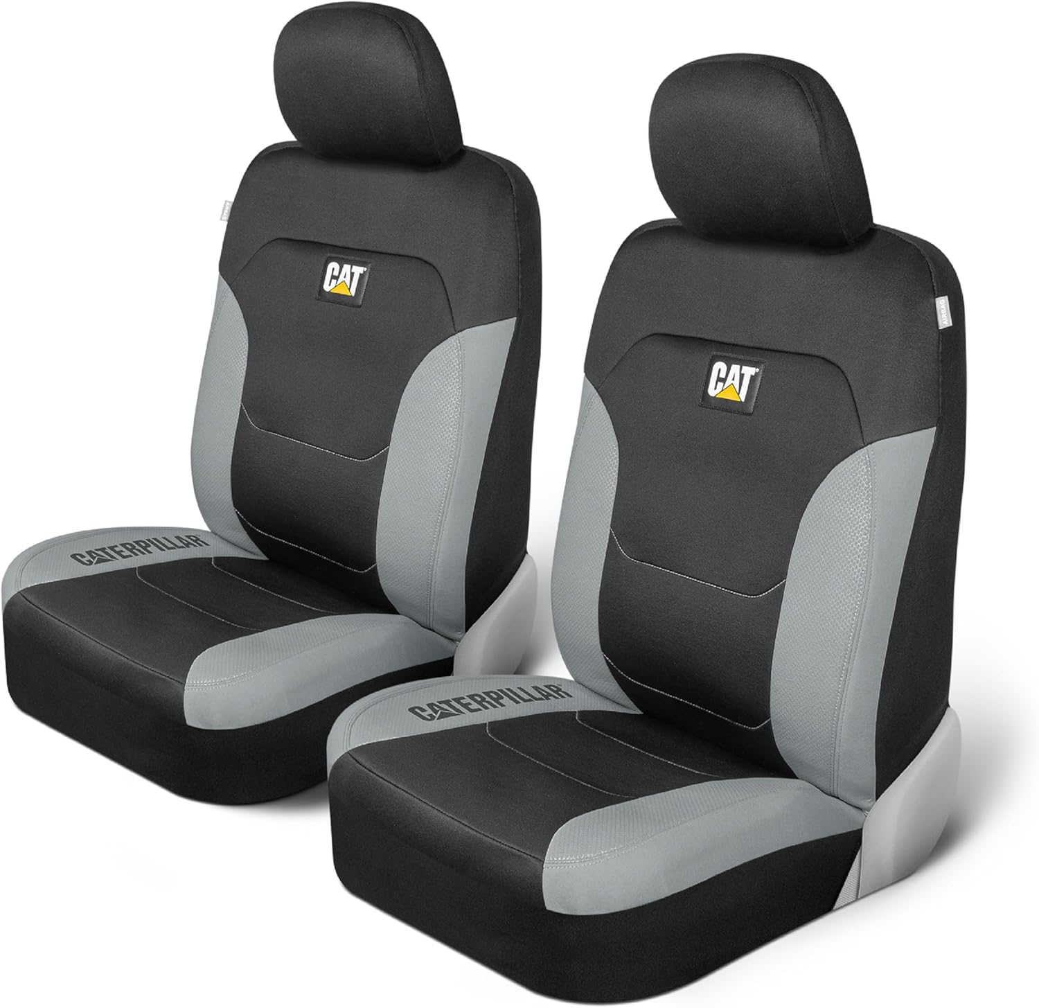 Caterpillar Flexfit Automotive Seat Covers for Cars Trucks and SUVs (Set of 2) – Black Car Seat Covers for Front Seats, Seat Protectors with Gray Honeycomb Trim, Auto Interior Covers