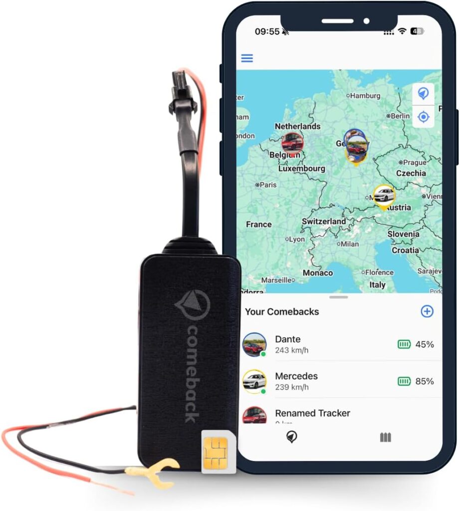 Comeback -GPS Tracker No Subscription + SIM Attached to Vehicle Works Within EU including UK and Switzerland Free App