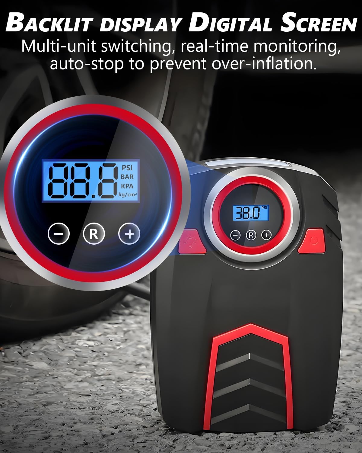 Compressor 12 V Car Digital – 160 PSI/30 L Air Pump with Auto Stop & LCD Display (4 Adaptors, 50 cm Hose, LED) for Car Tyres/Motorcycle/Camping/Motorhome Accessories