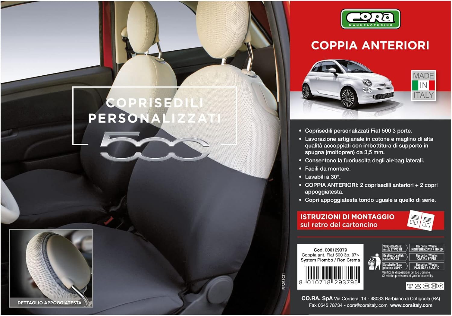 CORA Custom Front Seat Covers Fiat 500 07> Grey/Cream