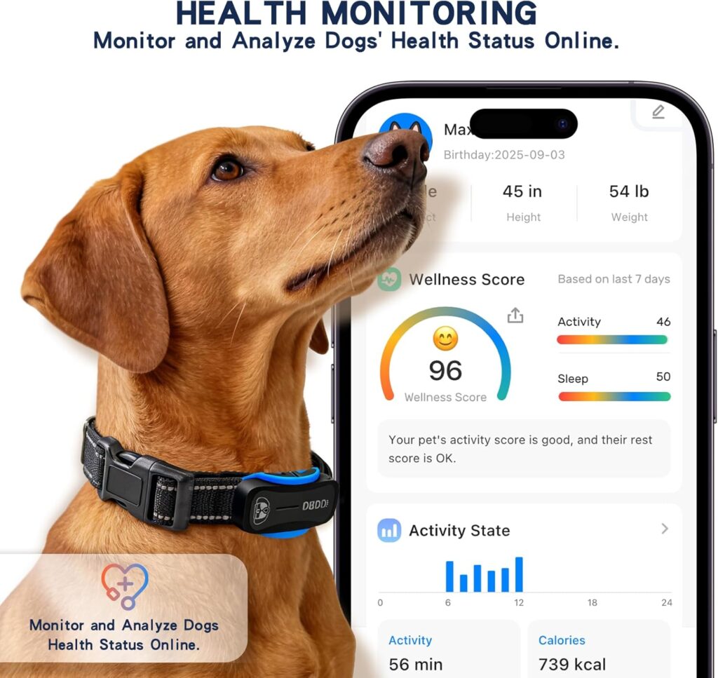 DBDD AI GPS Tracker for Dogs (40lbs+), Real Time Location and AI Vet Health Management, Electronic Fence, Waterproof, iOS and Android Universal（Black）