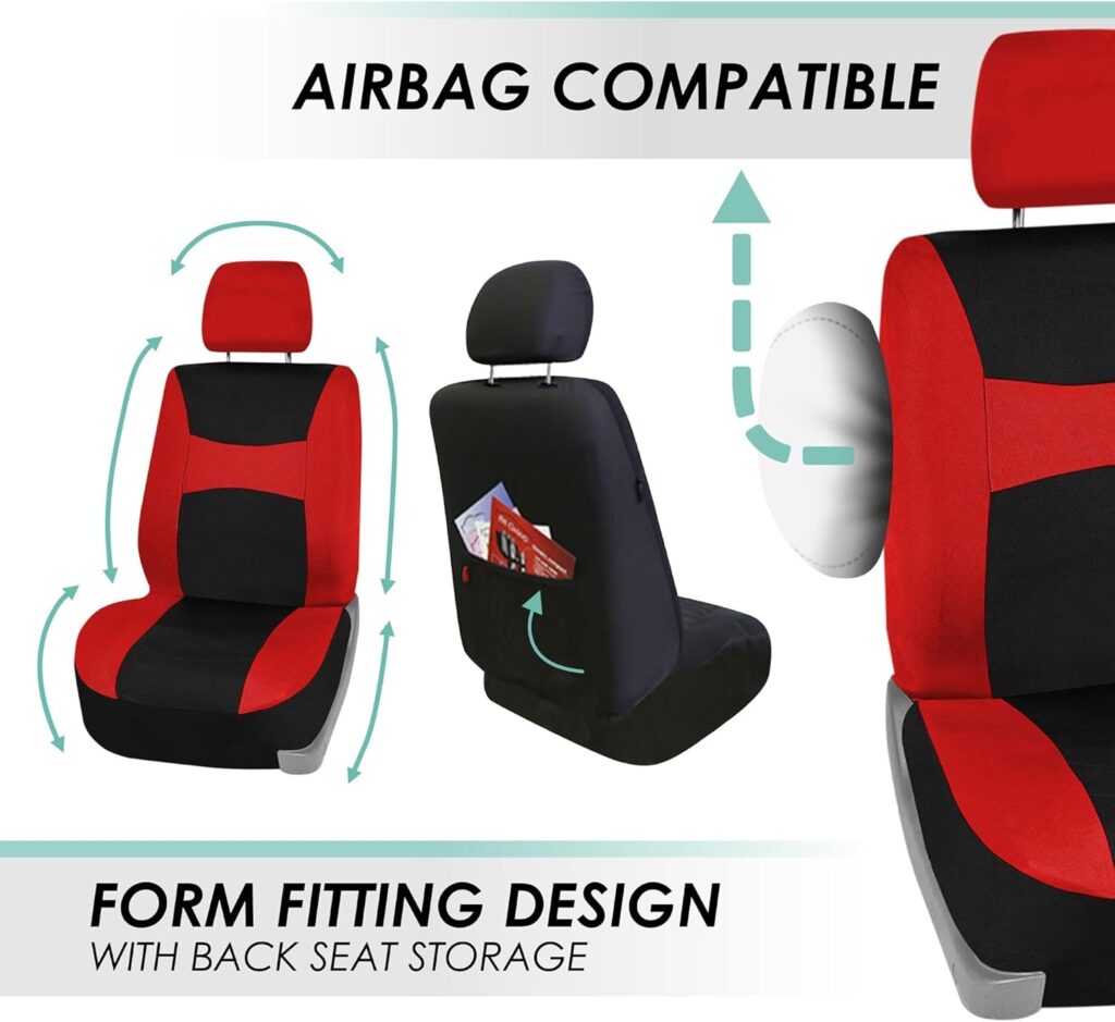 FH Group Car Seat Covers Full Set Red Cloth - Universal Fit, Automotive Seat Covers, Low Back Front Seat Covers, Airbag Compatible, Split Bench Rear Seat, Washable Car Seat Cover for SUV, Sedan, Van
