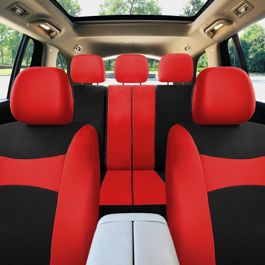 FH Group Car Seat Covers Full Set Red Cloth - Universal Fit, Automotive Seat Covers, Low Back Front Seat Covers, Airbag Compatible, Split Bench Rear Seat, Washable Car Seat Cover for SUV, Sedan, Van