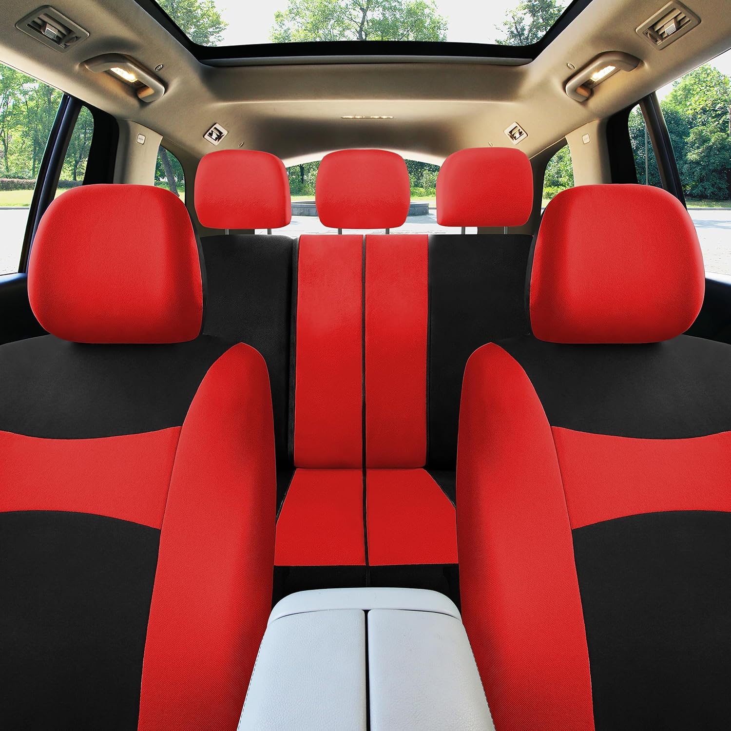 FH Group Car Seat Covers Full Set Red Cloth – Universal Fit, Automotive Seat Covers, Low Back Front Seat Covers, Airbag Compatible, Split Bench Rear Seat, Washable Car Seat Cover for SUV, Sedan, Van