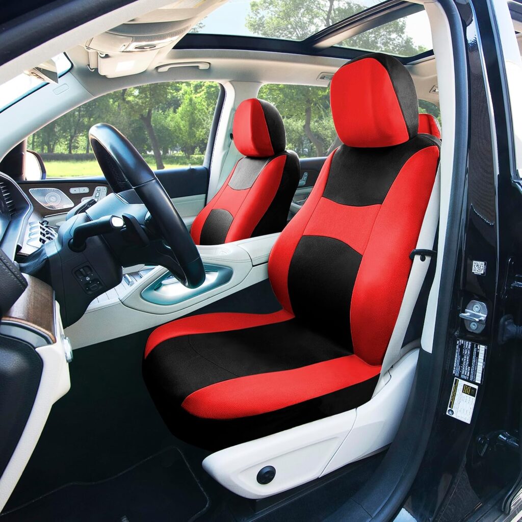 FH Group Car Seat Covers Full Set Red Cloth - Universal Fit, Automotive Seat Covers, Low Back Front Seat Covers, Airbag Compatible, Split Bench Rear Seat, Washable Car Seat Cover for SUV, Sedan, Van