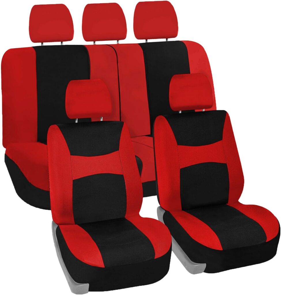 FH Group Car Seat Covers Full Set Red Cloth - Universal Fit, Automotive Seat Covers, Low Back Front Seat Covers, Airbag Compatible, Split Bench Rear Seat, Washable Car Seat Cover for SUV, Sedan, Van