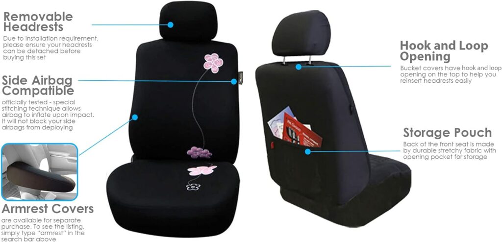 FH Group FB053BLACK102 Seat Cover (Flower Embroidery Airbag Compatible (Set of 2) Black)