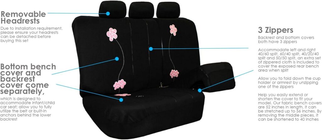 FH Group Universal Fit Full Set Floral Embroidery Design Car Seat Cover, (Black) (FH-FB053115, Airbag Compatible and Split Bench, Fit Most Car, Truck, SUV, or Van)