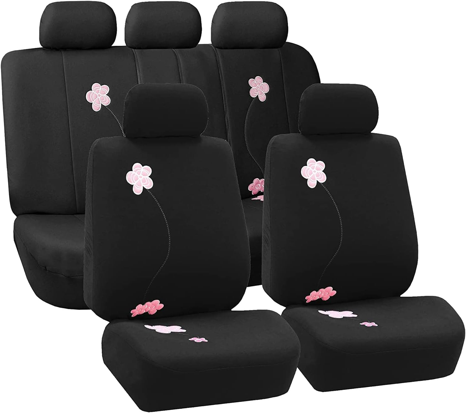 FH Group Universal Fit Full Set Floral Embroidery Design Car Seat Cover, (Black) (FH-FB053115, Airbag Compatible and Split Bench, Fit Most Car, Truck, SUV, or Van)