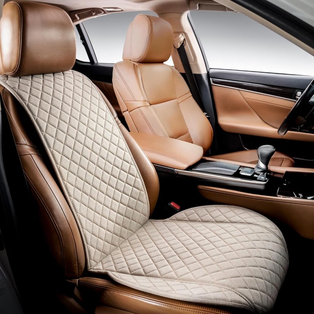 IVICY Faux Linen Car Seat Cover for Cars - Durable  Non-Slip - Front Car Seat Protector Covers for Most Automotive, Vans, SUVs, Trucks - Unit - Light Beige