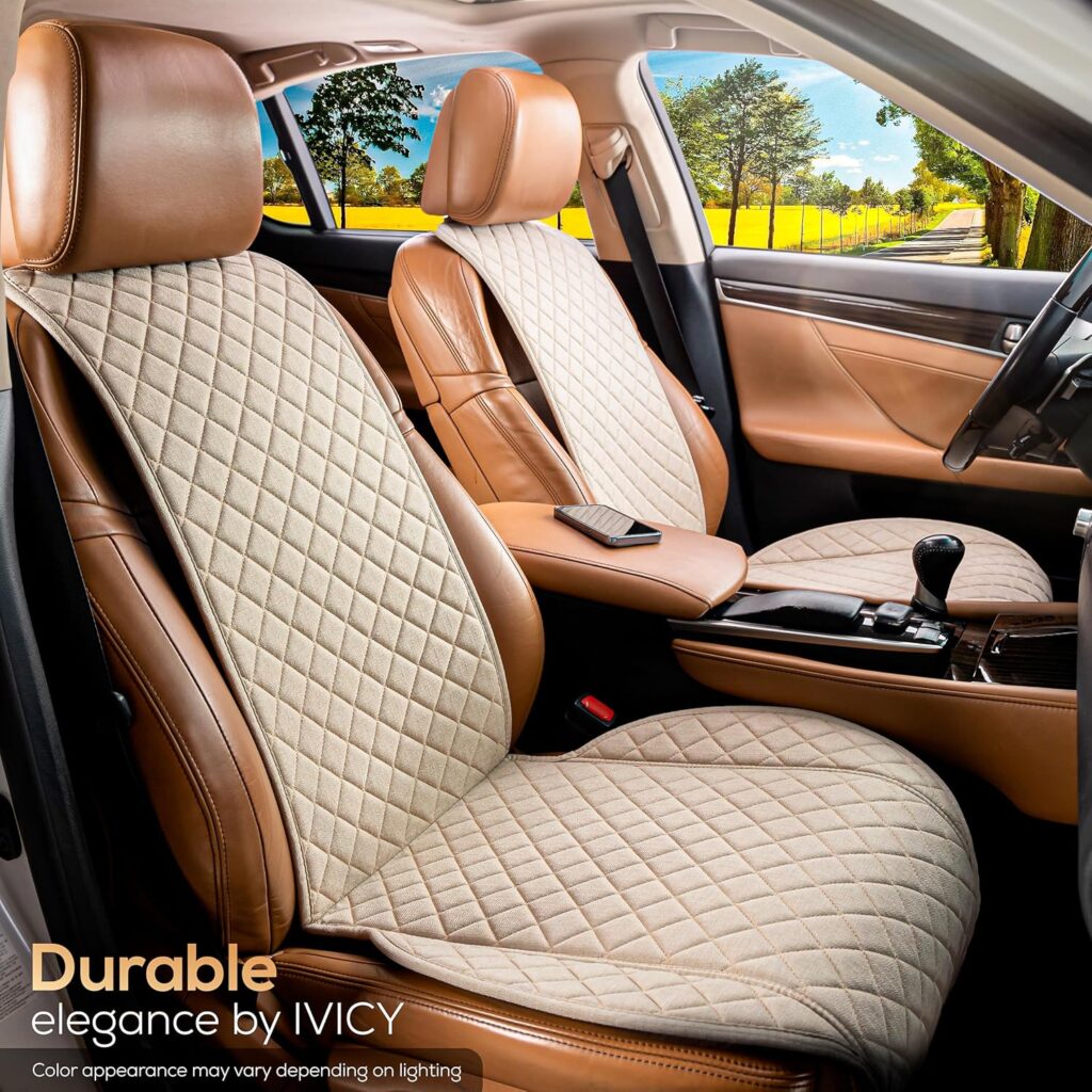 IVICY Faux Linen Car Seat Cover for Cars - Durable  Non-Slip - Front Car Seat Protector Covers for Most Automotive, Vans, SUVs, Trucks - Unit - Light Beige