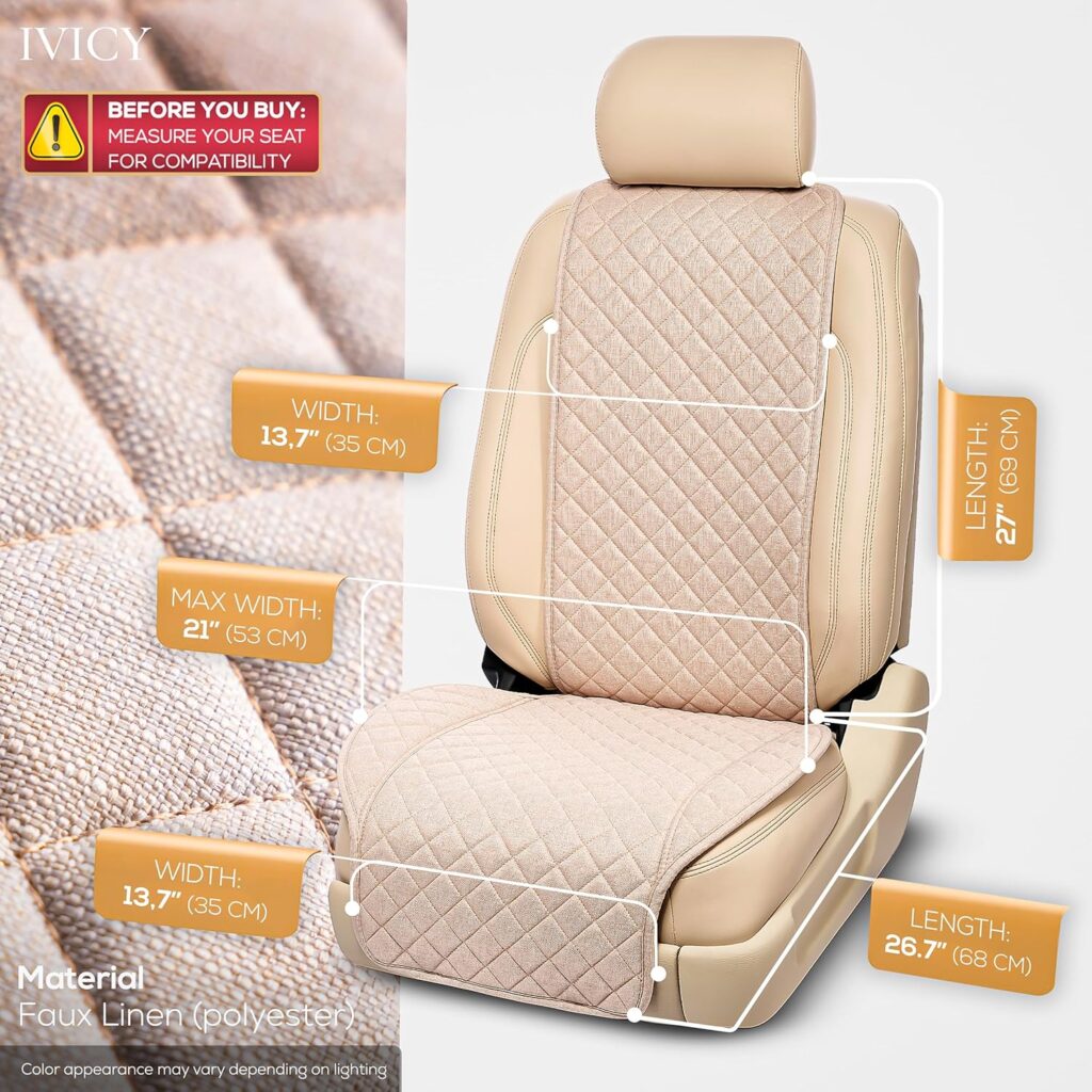 IVICY Faux Linen Car Seat Cover for Cars - Durable  Non-Slip - Front Car Seat Protector Covers for Most Automotive, Vans, SUVs, Trucks - Unit - Light Beige