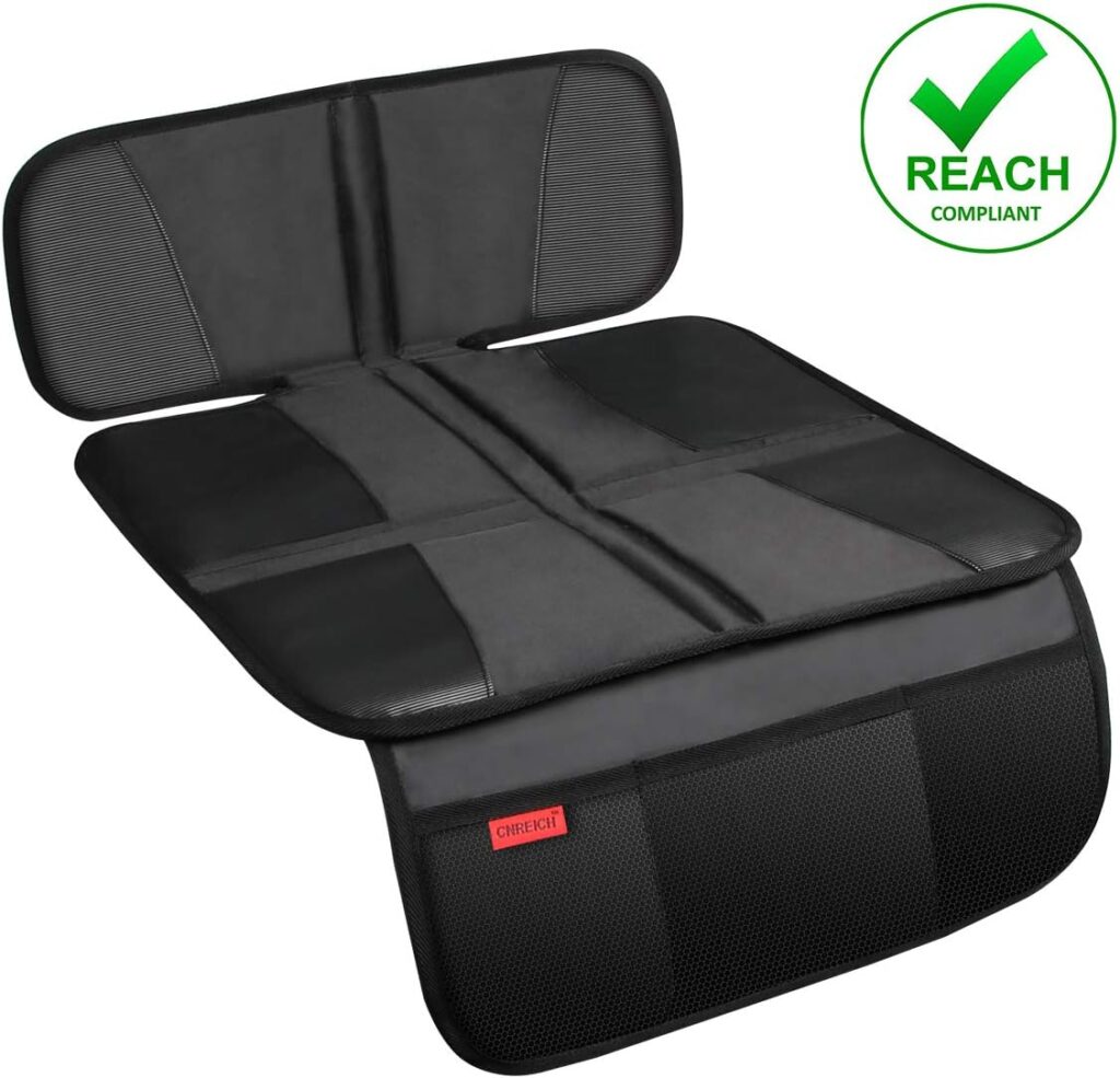 Kaiphy Car Seat Protector - Seat Protection Mat - Thick Padding - Durable, Waterproof Fabric, Leather Reinforced Corners Pockets for Handy Storage Black