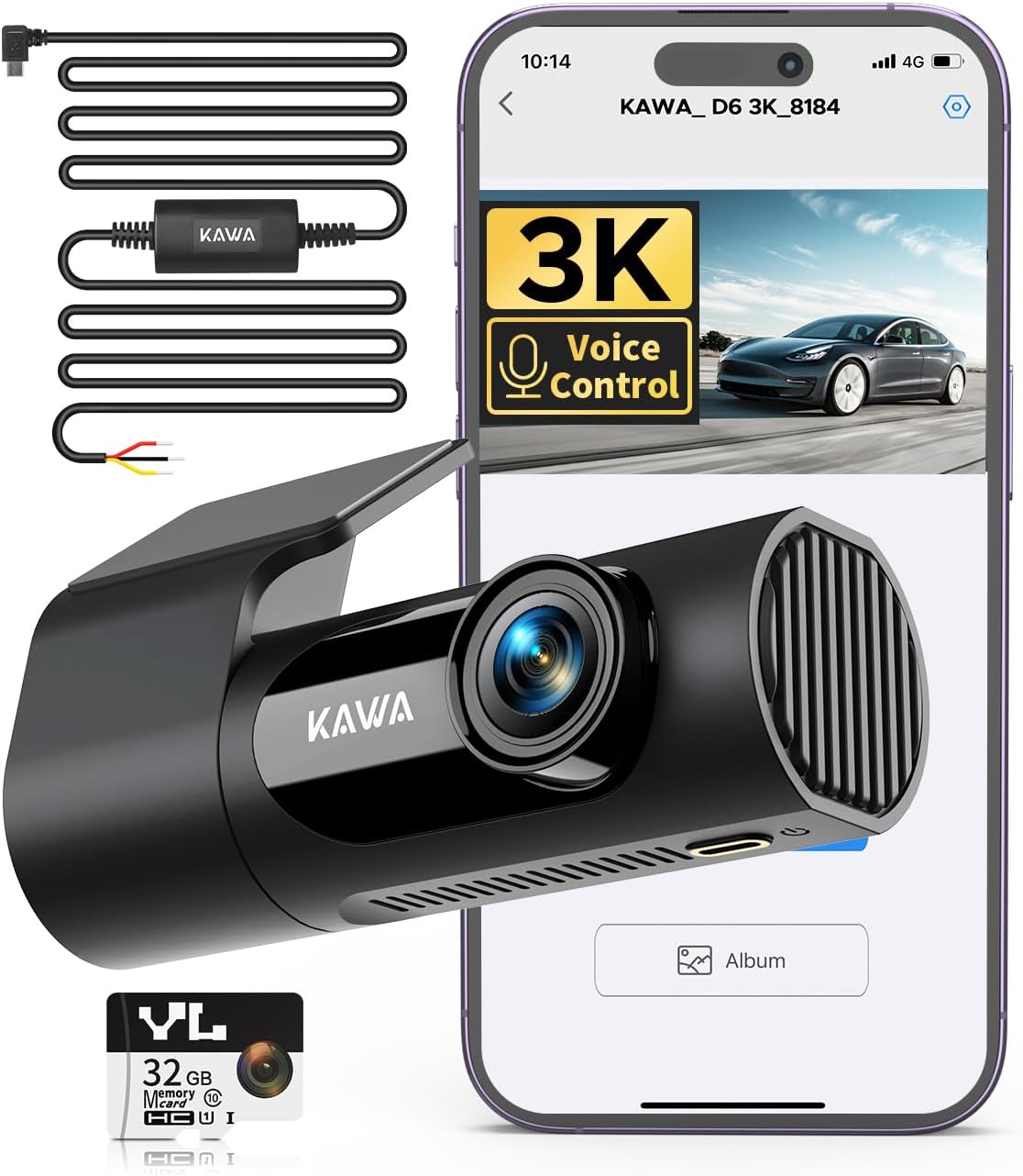 KAWA Dash Cam 3K with Voice Control, Included 32GB SD Card – with Type-C Port Hardwire Kit