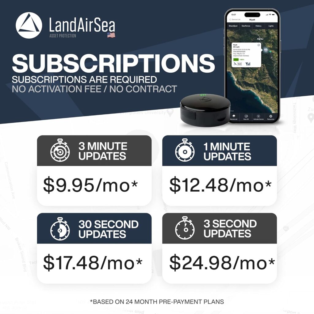 LandAirSea GPS Tracker - USA Manufactured, Waterproof Magnet Mount. Full Global Coverage. 4G LTE Real-Time Tracking for Vehicle, Asset, Fleet, Elderly and More. Subscription is Required.