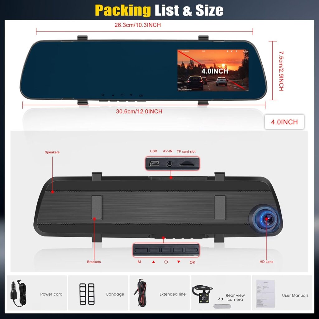 Mirror Dash Cam with Rear View Camera, Dual 1080P Dash Cam, Rear View Mirror Dash Cam Car Camera with Inch Screen, Video Recording for Vehicle Safety, Night Vision, Loop Recording