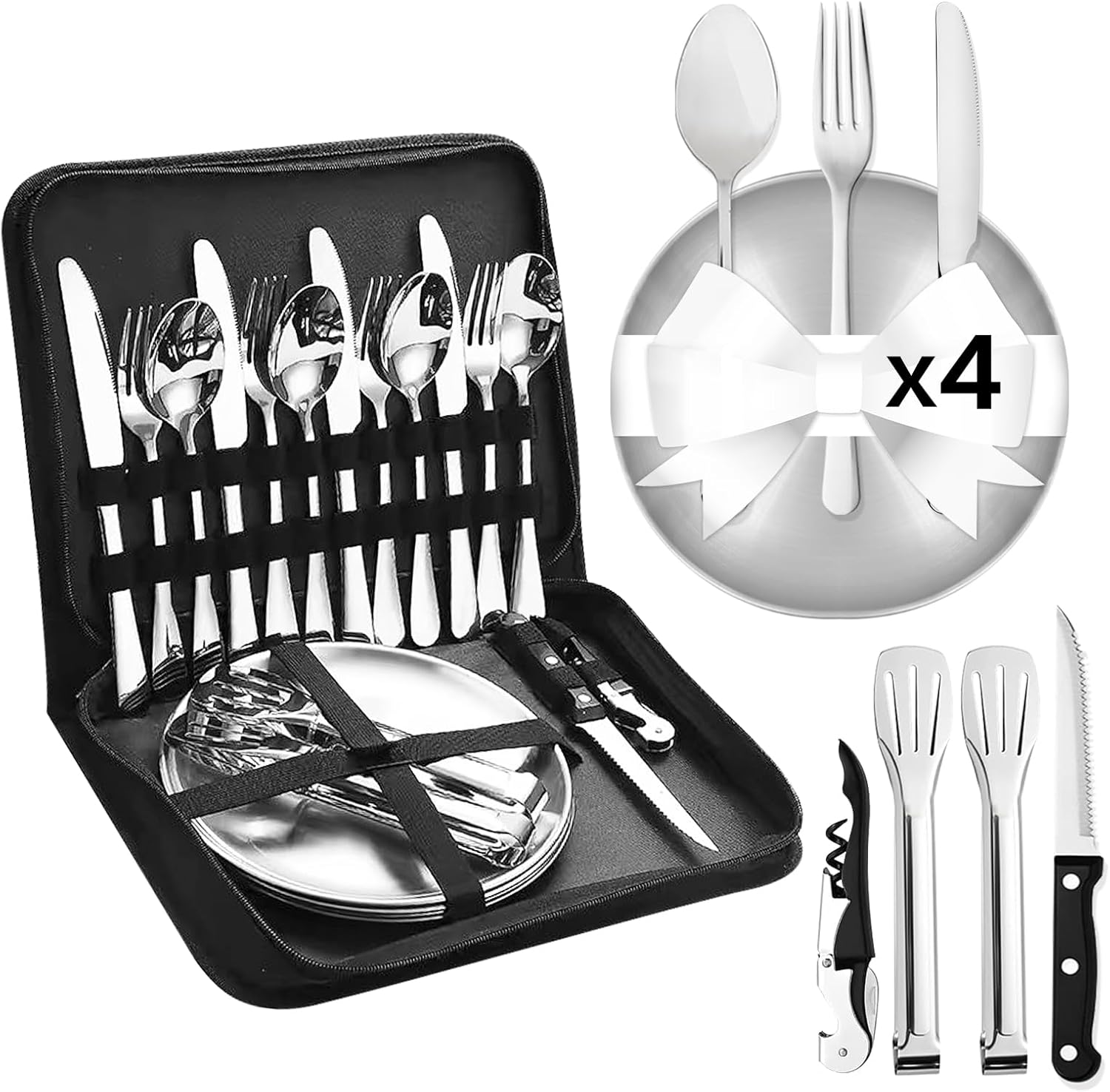 Outdoor Cutlery Set with Bag, Camping Dinnerware Set with Spoon Fork Knife