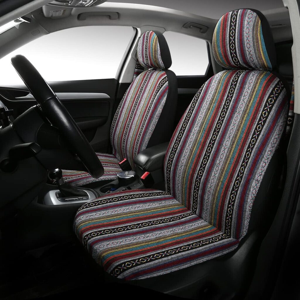 PONYJOYUP Baja Saddle Blanket Car Seat Covers 4PCS Front, Breathable and Washable Striped Woven Automotive Vehicle Seat Cover, Universal Seat Cover for Sedan, SUV, Truck, Airbag Compatible
