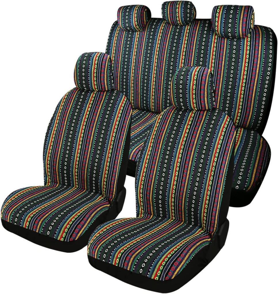 PONYJOYUP Baja Saddle Blanket Car Seat Covers 4PCS Front, Breathable and Washable Striped Woven Automotive Vehicle Seat Cover, Universal Seat Cover for Sedan, SUV, Truck, Airbag Compatible