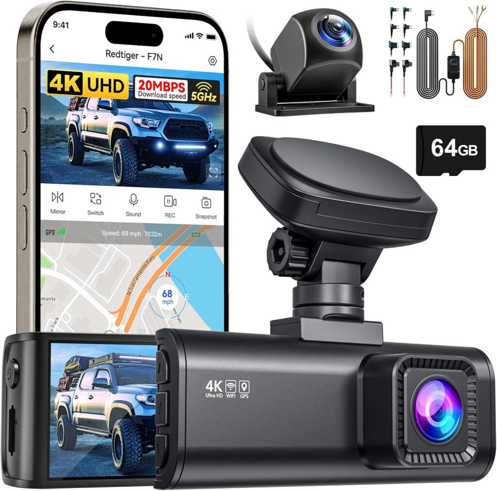 REDTIGER F7N  Acc, 4K Dual Dash Cam, 5.8GHz WiFi-20 MB/s Fast Transfer, 64GB Card, Front 4K/2.5K and Rear 1080P Dash Camera for Cars with 3.18 Screen, Precise GPS, Parking Monitor
