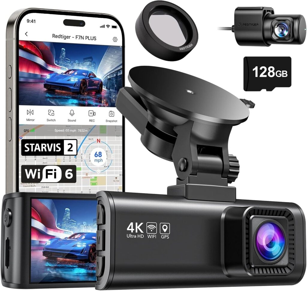 REDTIGER F7NP+CPL, 4K Dash Cam Front Rear, STARVIS Sensor, 128GB Card Included, 5.8GHz WiFi-20MB/s Fast Download, Dash Camera for Cars with GPS, WDR Night Vision, 170°Wide Angle
