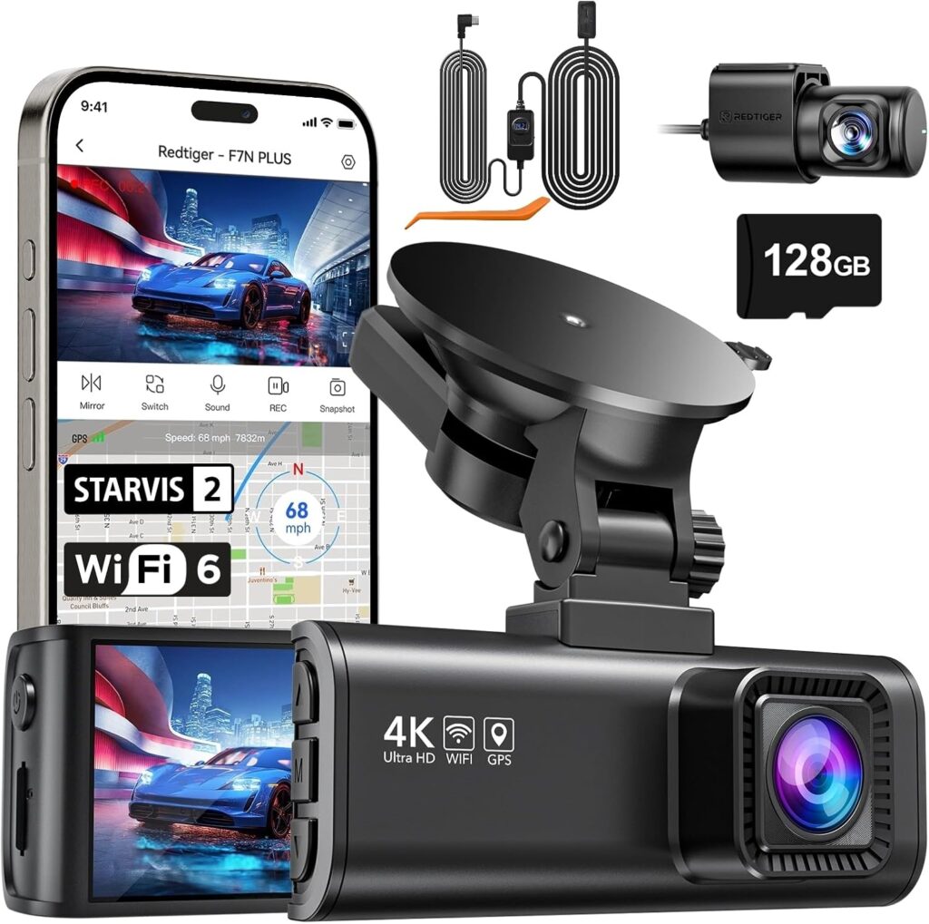 REDTIGER F7NP+OBD, 4K Dash Cam Front Rear, STARVIS Sensor, 128GB Card Included, 5.8GHz WiFi-20MB/s Fast Download, Dash Camera for Cars with GPS, WDR Night Vision, 170°Wide Angle