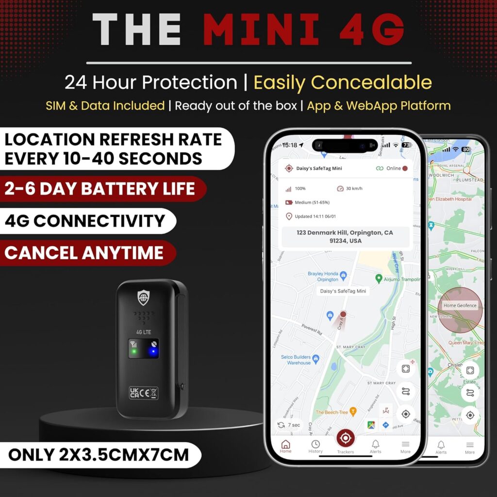 SafeTag Mini 4G - 4G LTE Rechargeable Mini GPS Tracker, Car, Van, Motorbike etc. 34-205 Countries, Real Time Tracking and Notifications, Day Free Trial - Sim Included, Month Warranty…