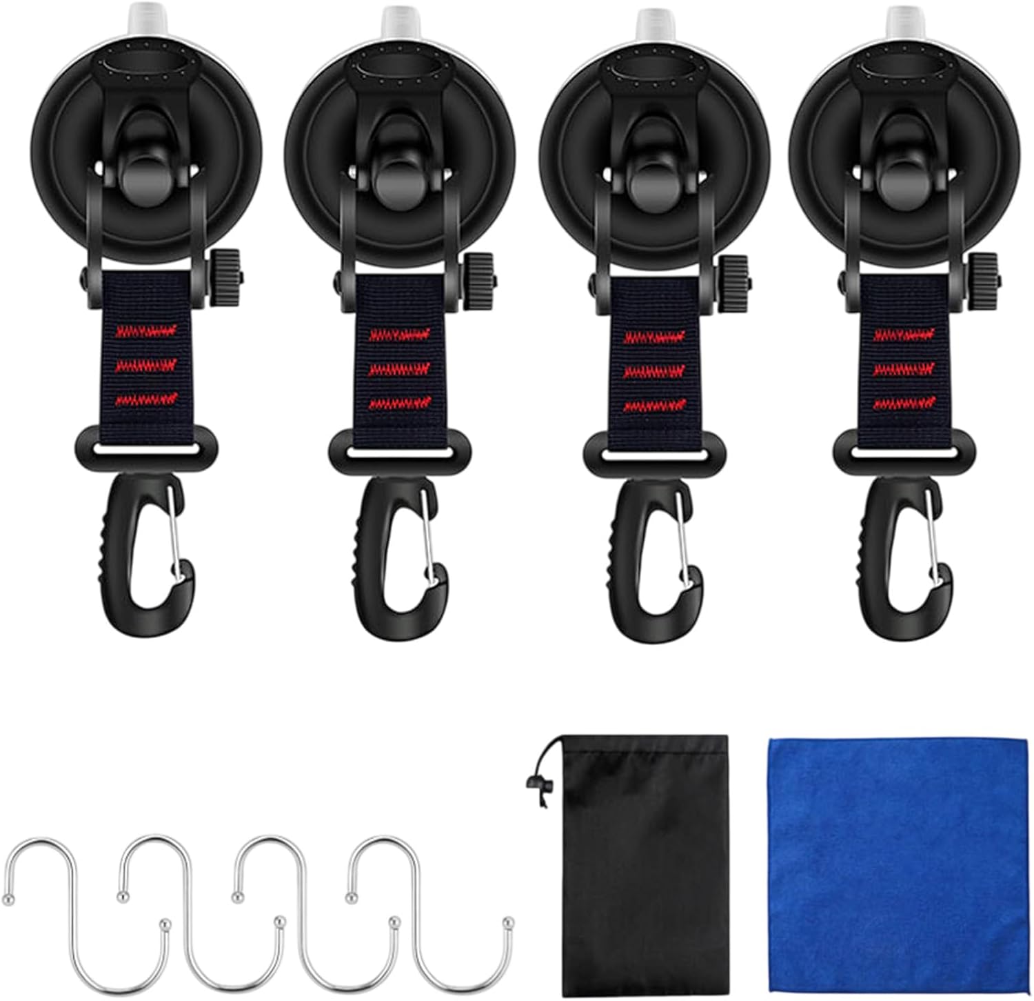 Suction Cup Hooks, 4 Pieces Camping Accessories, Rotating Vacuum Suction Cups with Dustproof Cap and 4 Pieces S-Hook Accessories, for Camping for Trucks, Camping, Cars, Motorhomes, Windows, Rear Tent
